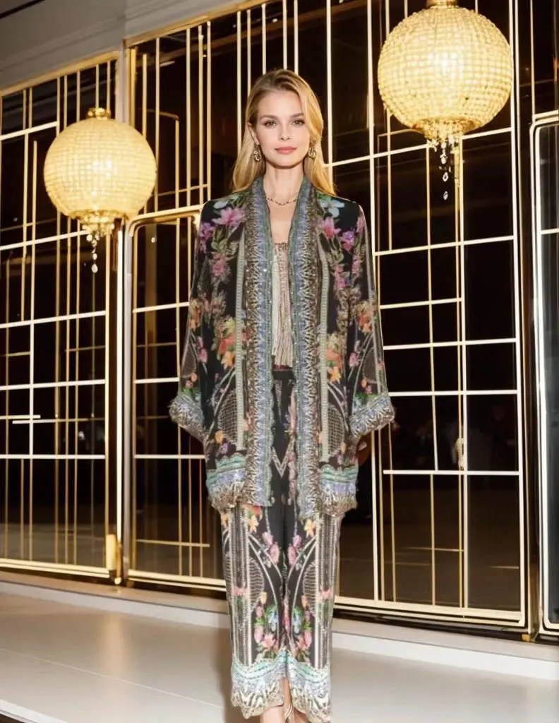 Long Silk Embellished Pants - Capri