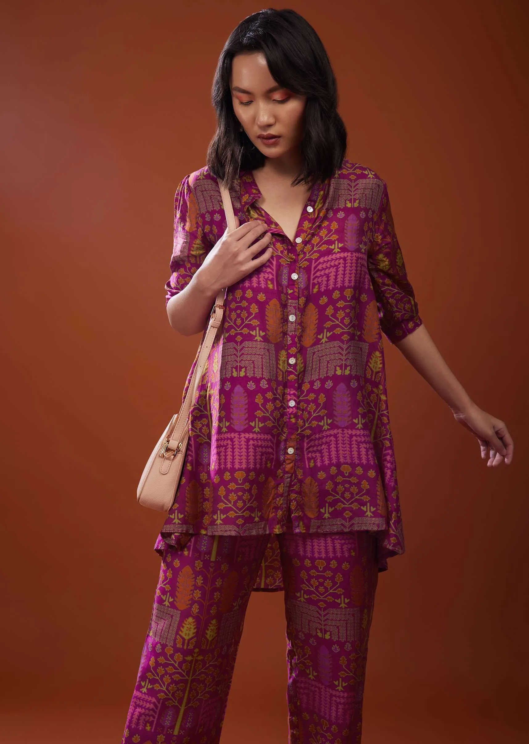 Magenta Pink Printed Silk Co-ord Set