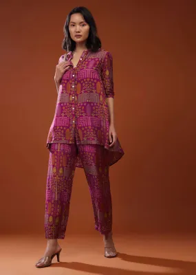 Magenta Pink Printed Silk Co-ord Set