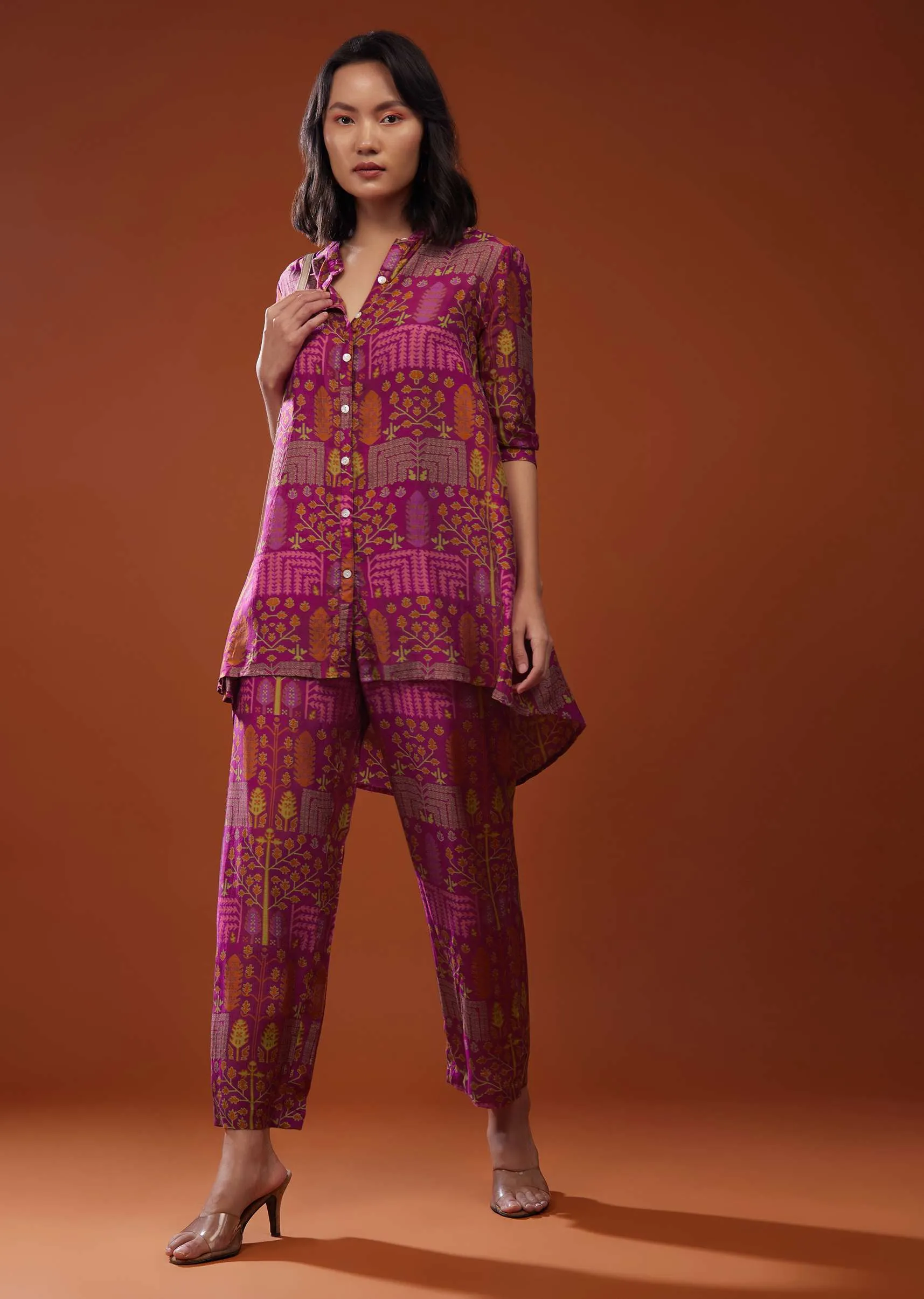 Magenta Pink Printed Silk Co-ord Set