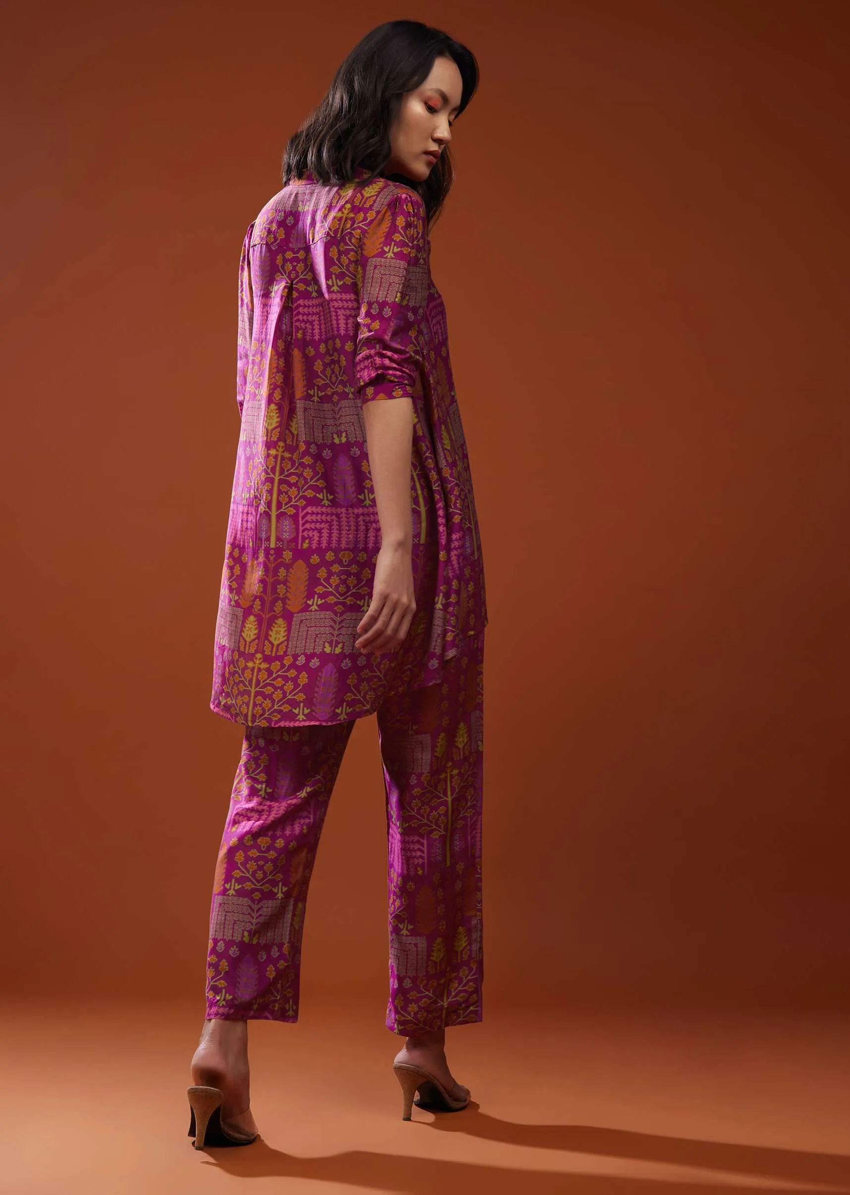 Magenta Pink Printed Silk Co-ord Set