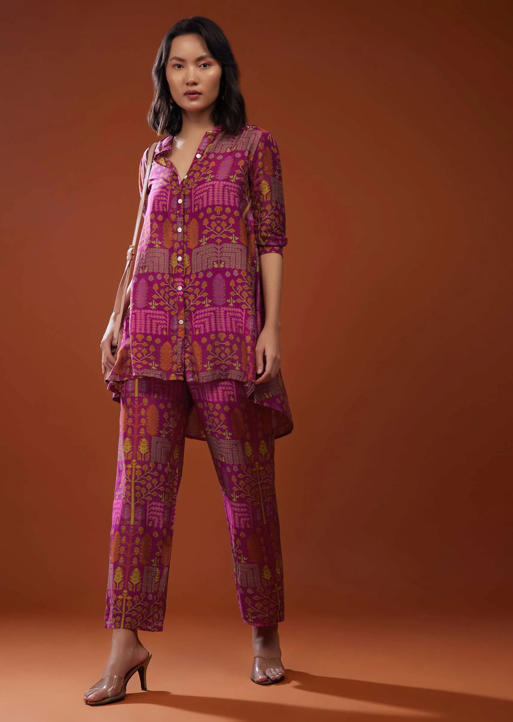 Magenta Pink Printed Silk Co-ord Set