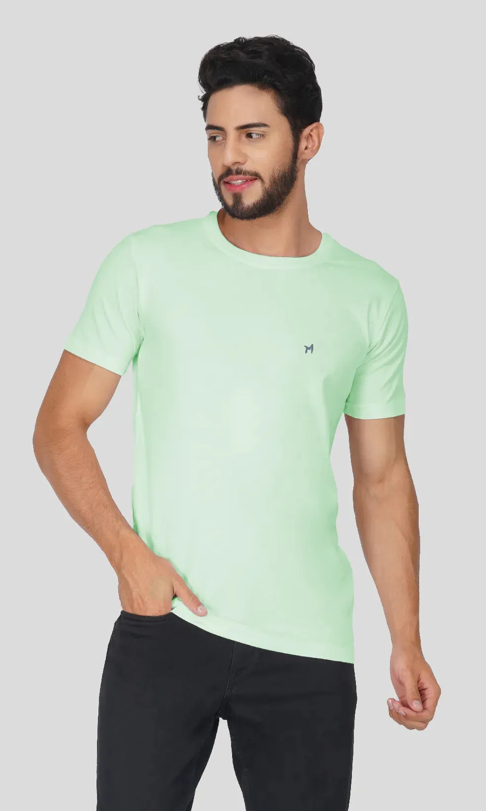 Mebadass Cotton Mens Basic Solid Halfsleeves T-shirts - Pista