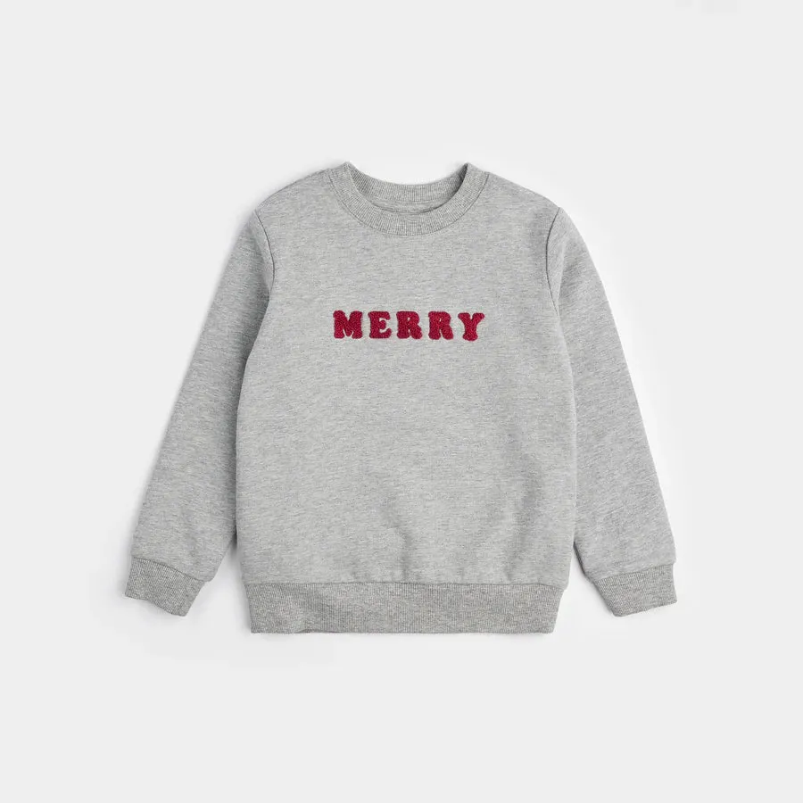 Merry in Chenille on Heather Grey Fleece Sweatshirt