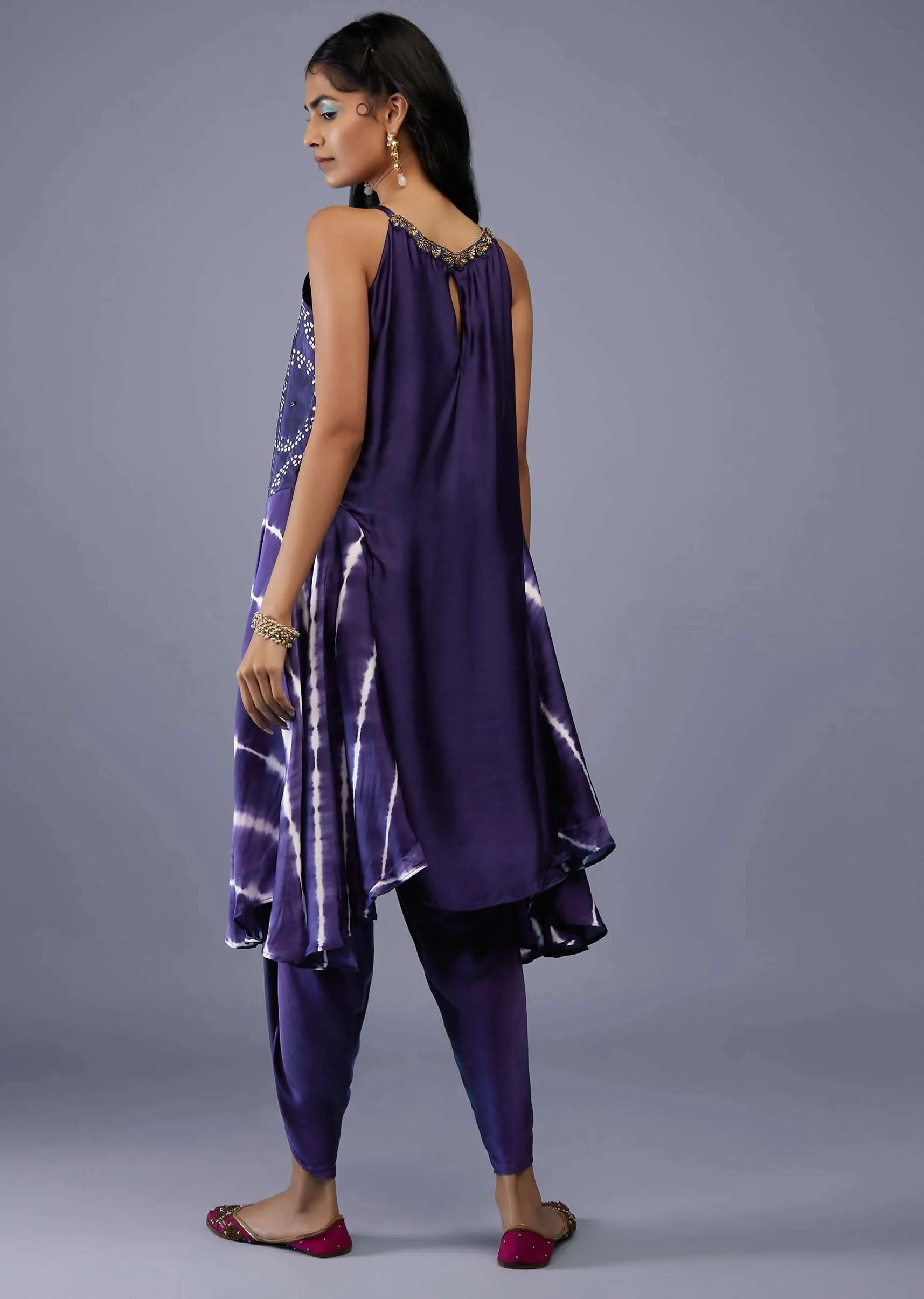 Midnight Blue Silk Bandhani Top With Tie-Dye Side Panel And Silk Dhoti Pants