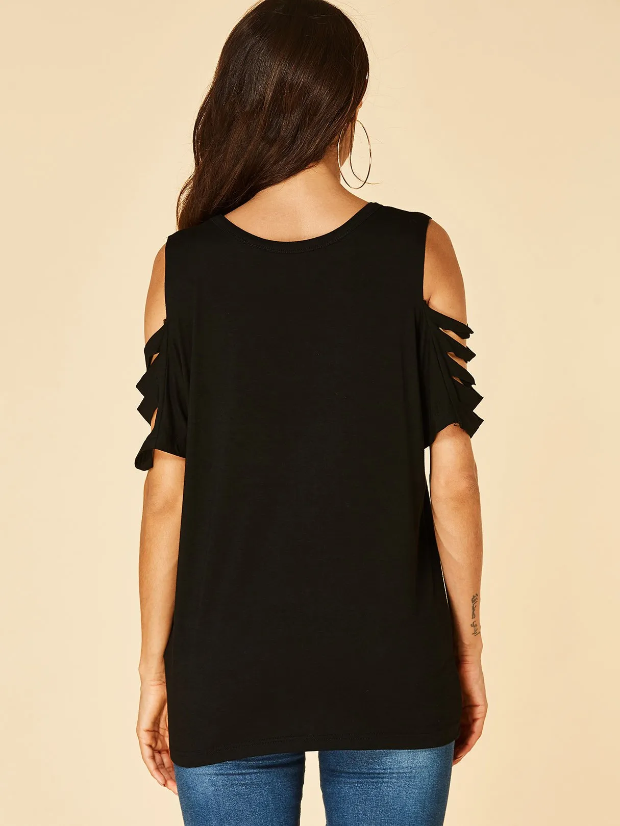 OEM ODM Cold Shoulder Plain Cut Out Short Sleeve Black T-Shirts