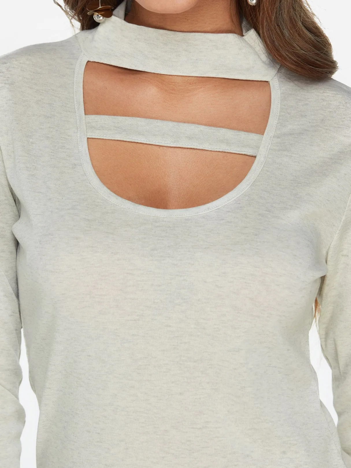 OEM ODM Perkins Collar Plain Cut Out Long Sleeve Grey T-Shirts