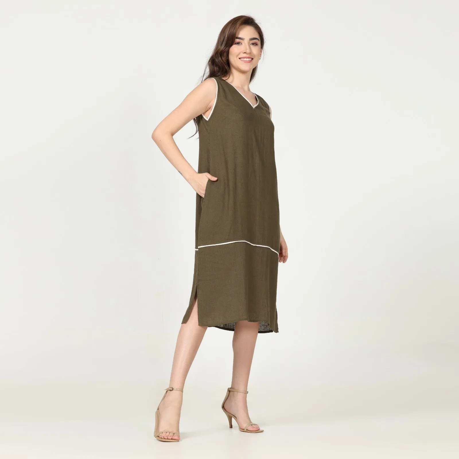 Olive Green Dress With Ecru Edging | Linen Modal | Minimalist Style
