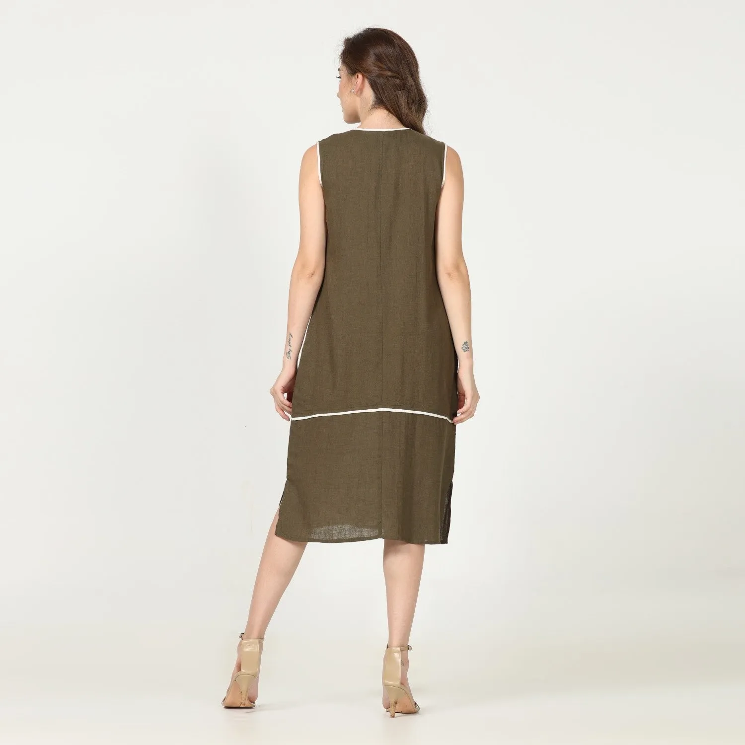 Olive Green Dress With Ecru Edging | Linen Modal | Minimalist Style