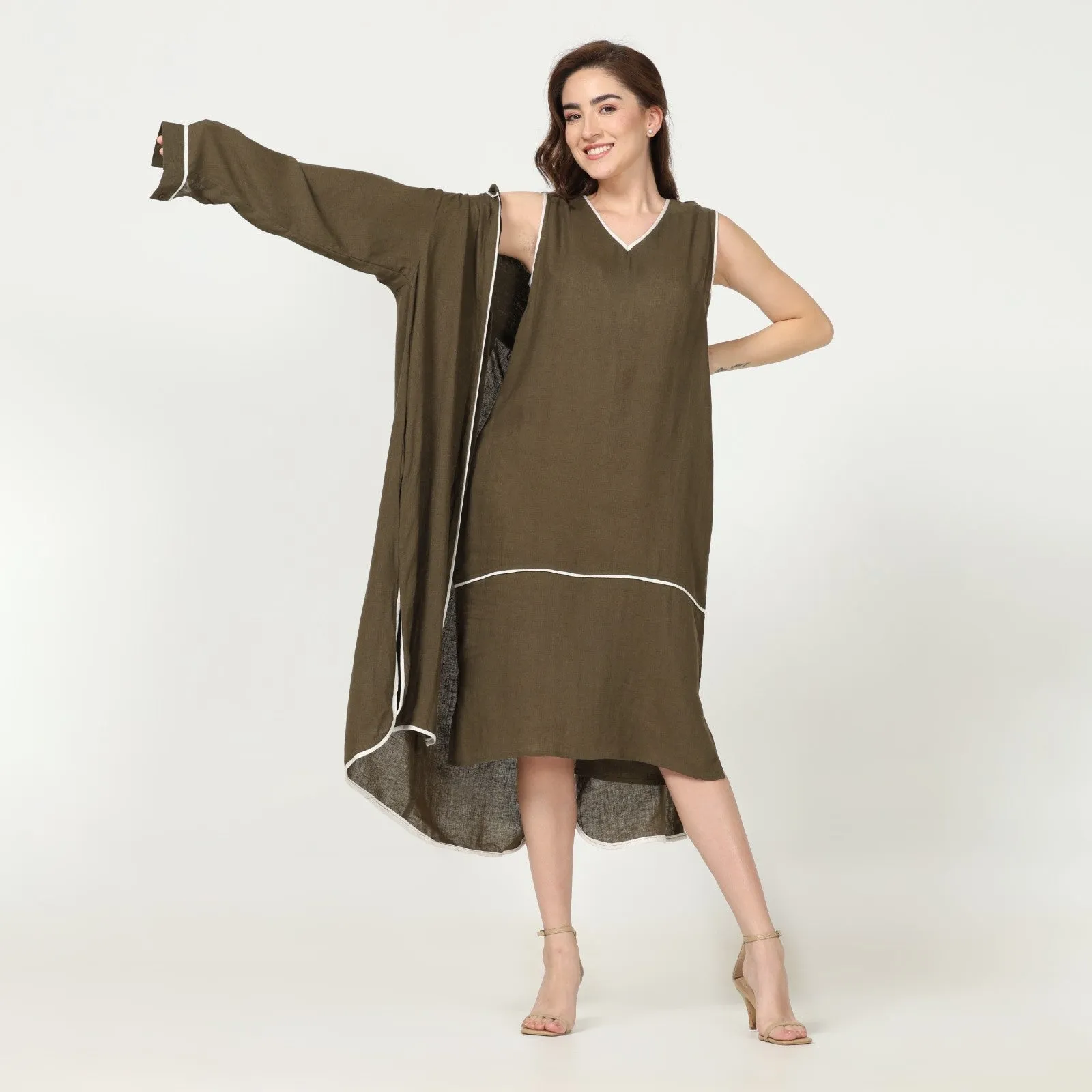 Olive Green Dress With Ecru Edging | Linen Modal | Minimalist Style