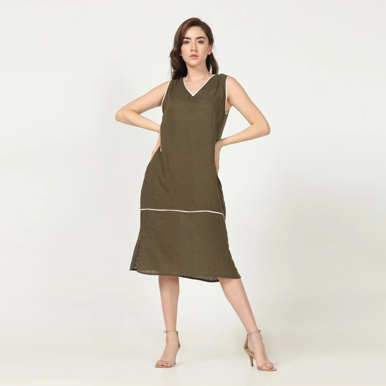 Olive Green Dress With Ecru Edging | Linen Modal | Minimalist Style