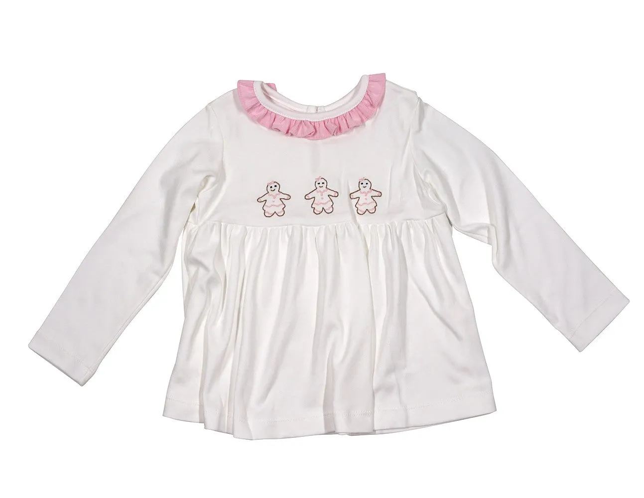 Peggy Green Girls White Pima Top - Embroidered Pink Gingerbread Girls