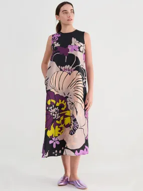 Psophía Short Silk Habotai Dress with Japanese Print in Black