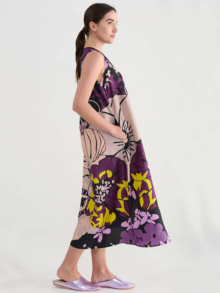Psophía Short Silk Habotai Dress with Japanese Print in Black
