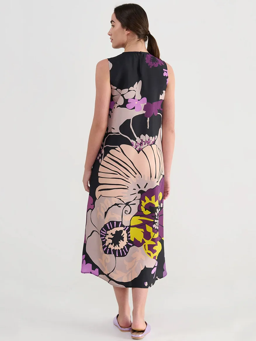 Psophía Short Silk Habotai Dress with Japanese Print in Black