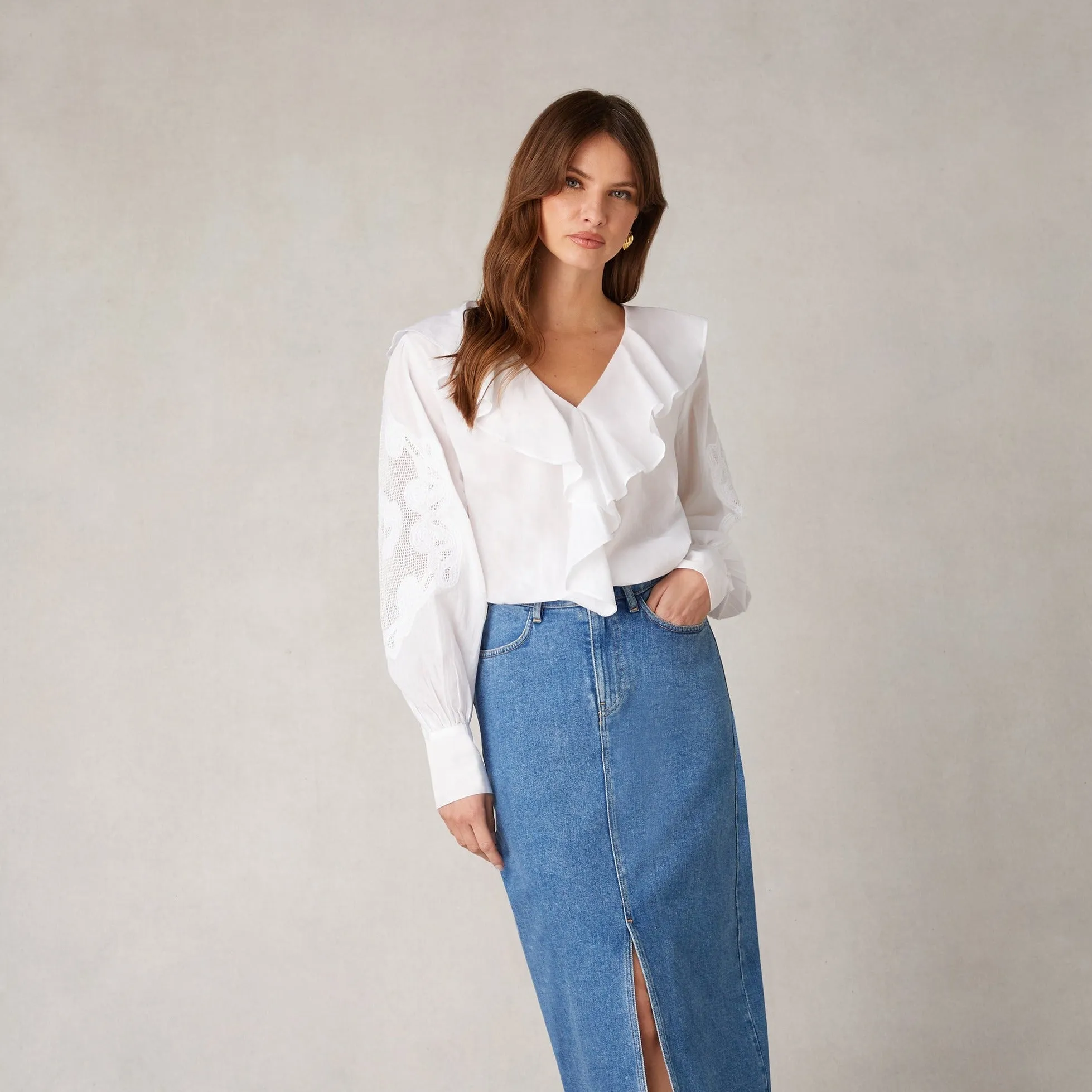 Ro&Zo White Embroidery Mesh Sleeve Blouse