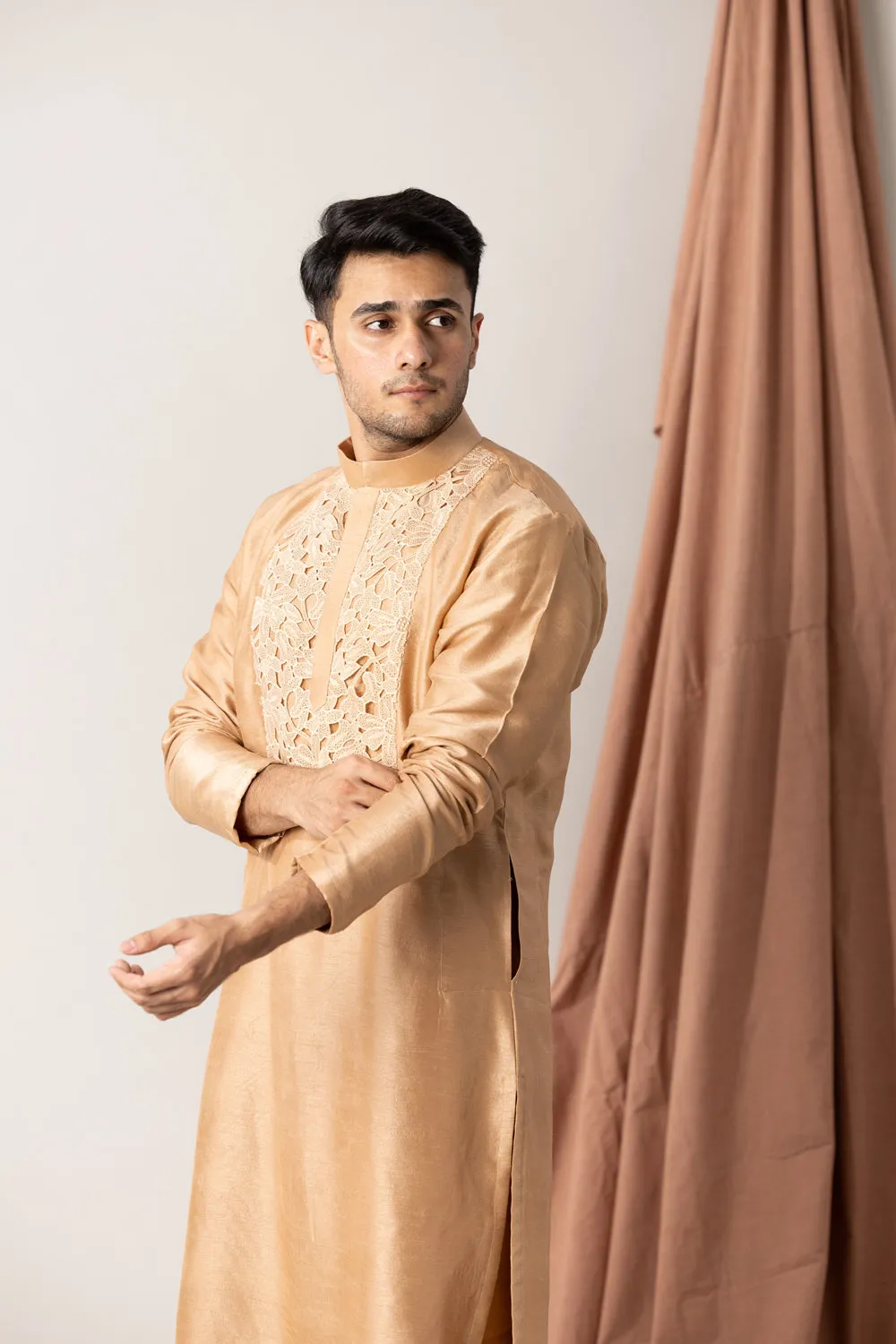 Silk Kurta And Pants With Highlighted Crochet Yoke Placket