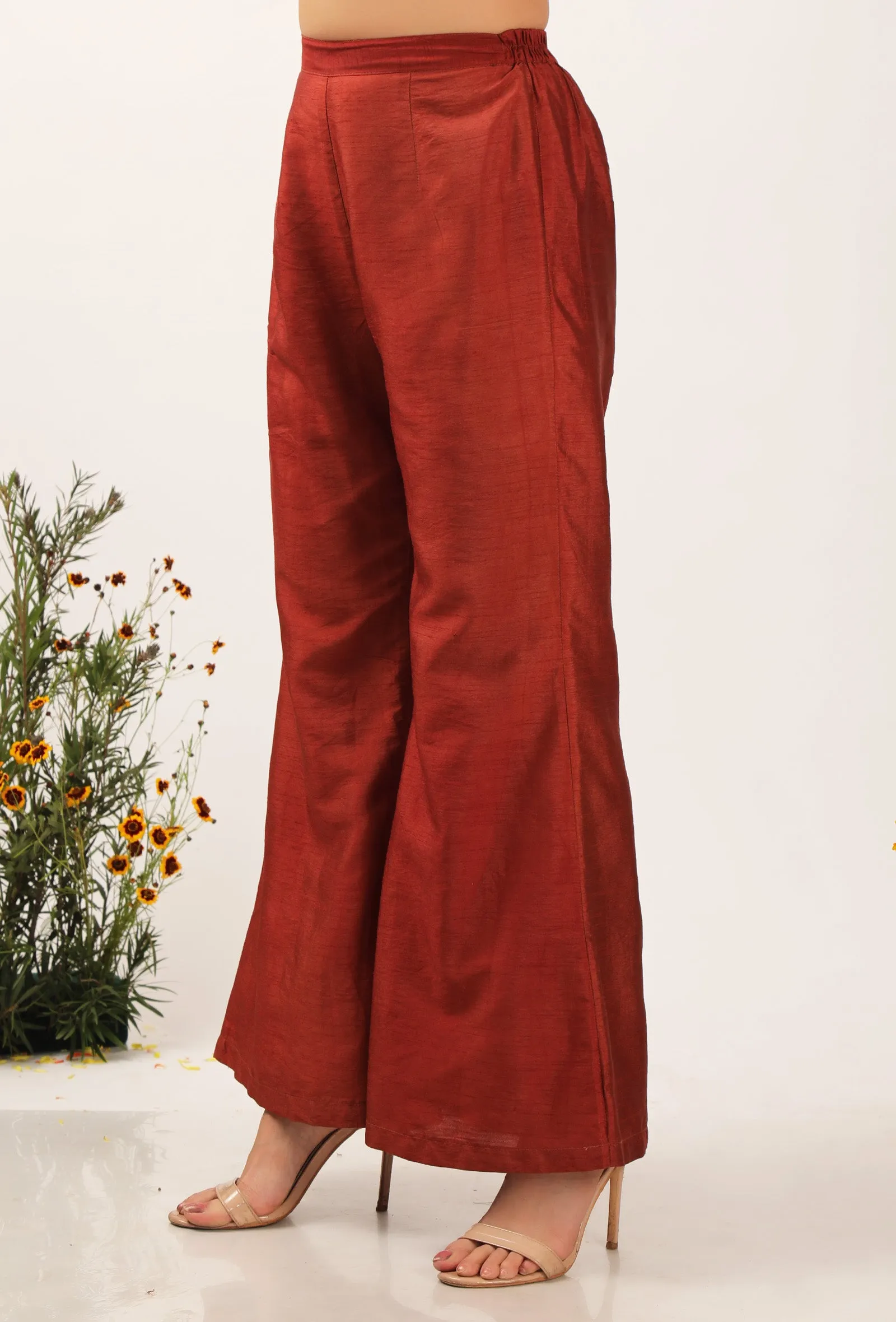 Solid Rust Silk Pallazo Pants