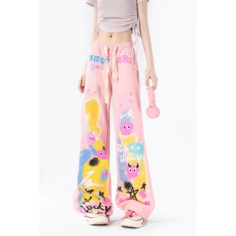Sweet Cool Dopamine Style Graffiti Print Straight Pants