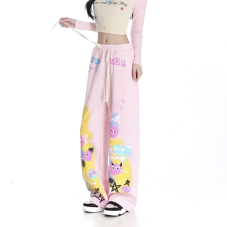 Sweet Cool Dopamine Style Graffiti Print Straight Pants