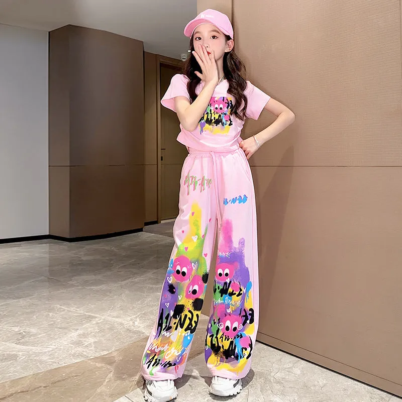 Sweet Cool Dopamine Style Graffiti Print Straight Pants