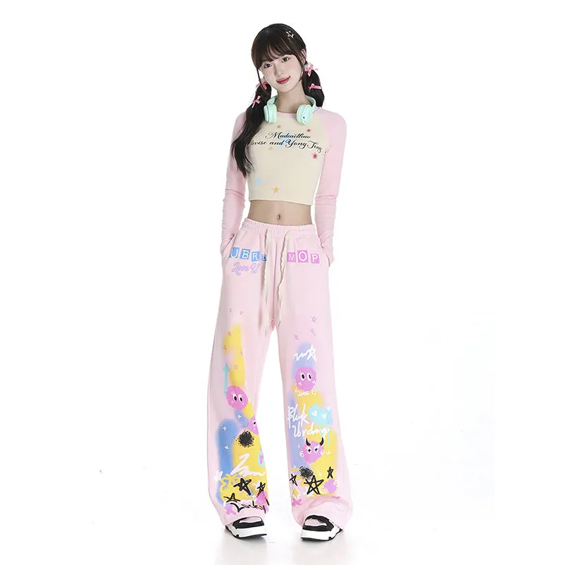 Sweet Cool Dopamine Style Graffiti Print Straight Pants