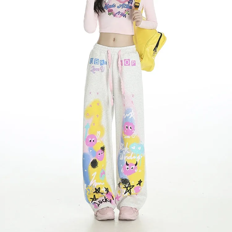 Sweet Cool Dopamine Style Graffiti Print Straight Pants
