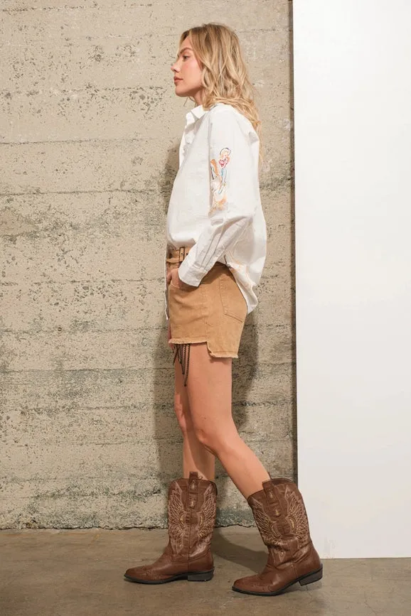 Western Cowgirl Motif Button Up Linen Shirt Blouse OFF WHITE